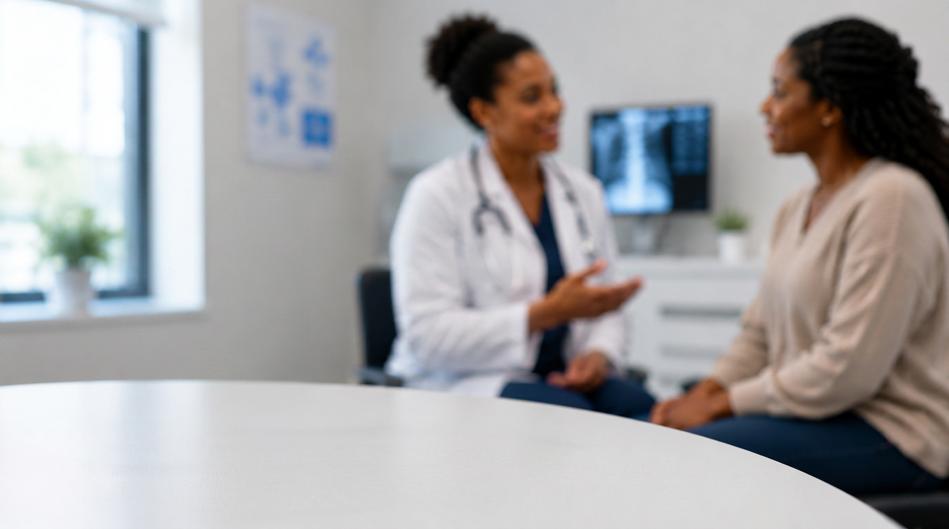 Clinician consulting with a patient in an exam room